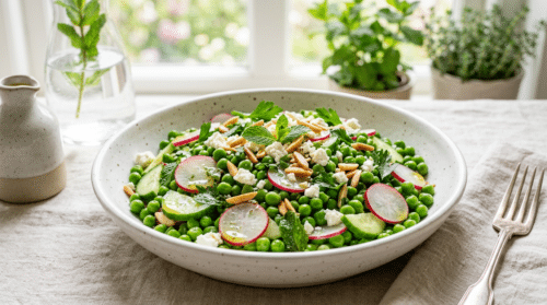 Croustillante et fraîche, cette salade de pois verts dynamisera vos repas légers