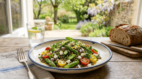 Délicieuse et légère, la salade de lentilles aux asperges apporte la saison printanière dans votre assiette