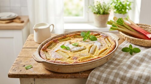 Fondant, acidulé, ce clafoutis à la rhubarbe embaume la cuisine et disparaît encore tiède