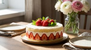 Un court repos de 7 minutes transforme ce fraisier maison en un dessert léger, frais et fondant