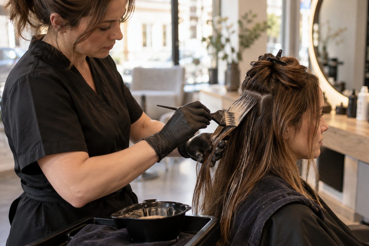 Coiffeuse appliquant une couleur mèche par mèche au pinceau dans un salon