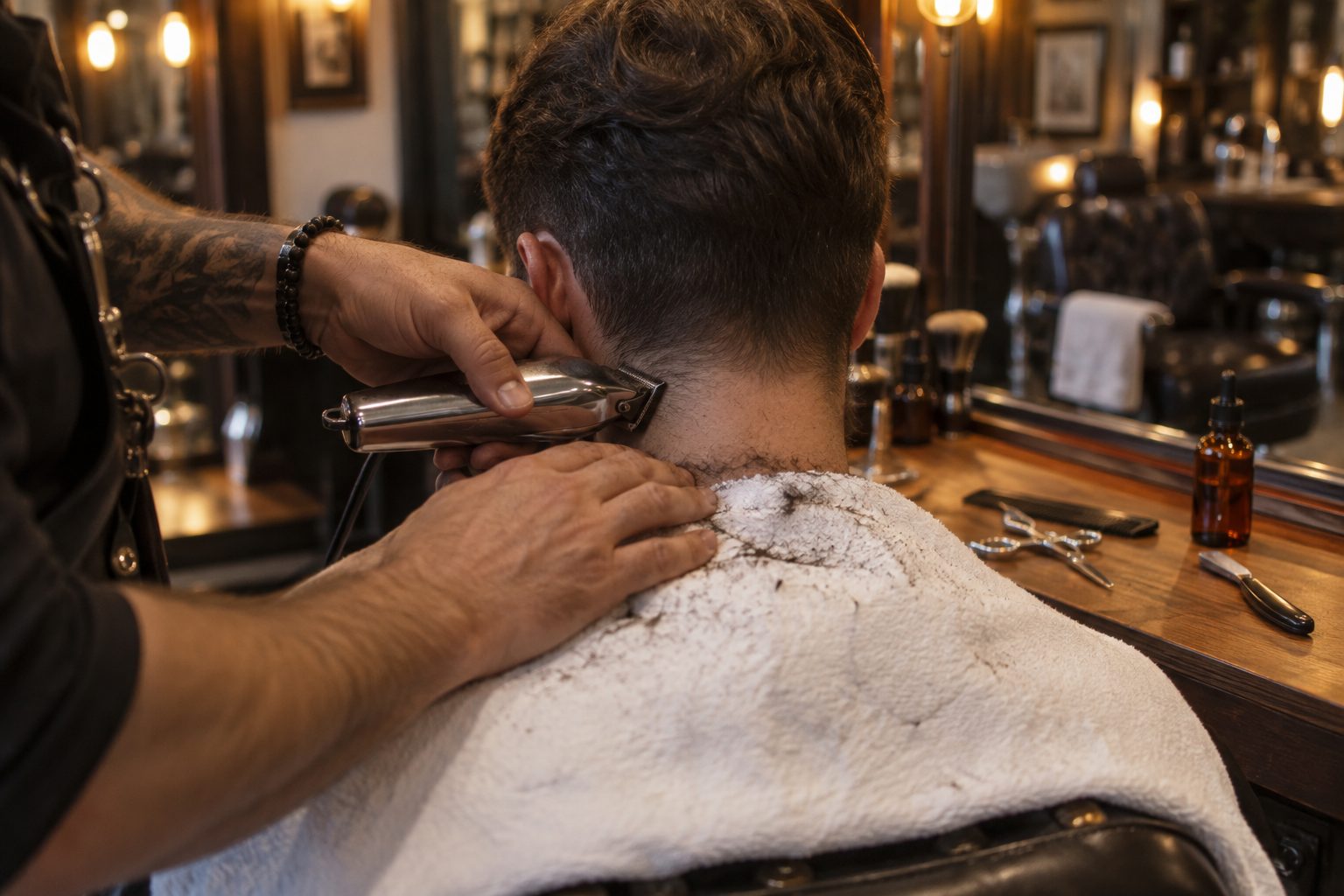 Gros plan des mains d'un coiffeur passant une tondeuse sans sabot sur la nuque d'un client homme assis, serviette blanche sur les épaules, ciseaux et rasoir droit posés sur le plan de travail.