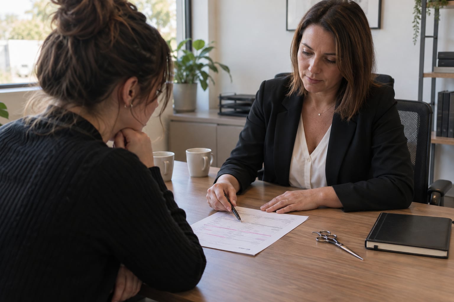 Un devis de formation annoté, une paire de ciseaux de coiffeur et un stylo posés sur la table d'une conseillère.