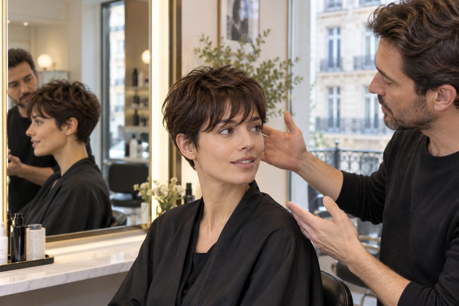 Consultation en salon autour d’un pixie brun texturé et d’une frange souple.
