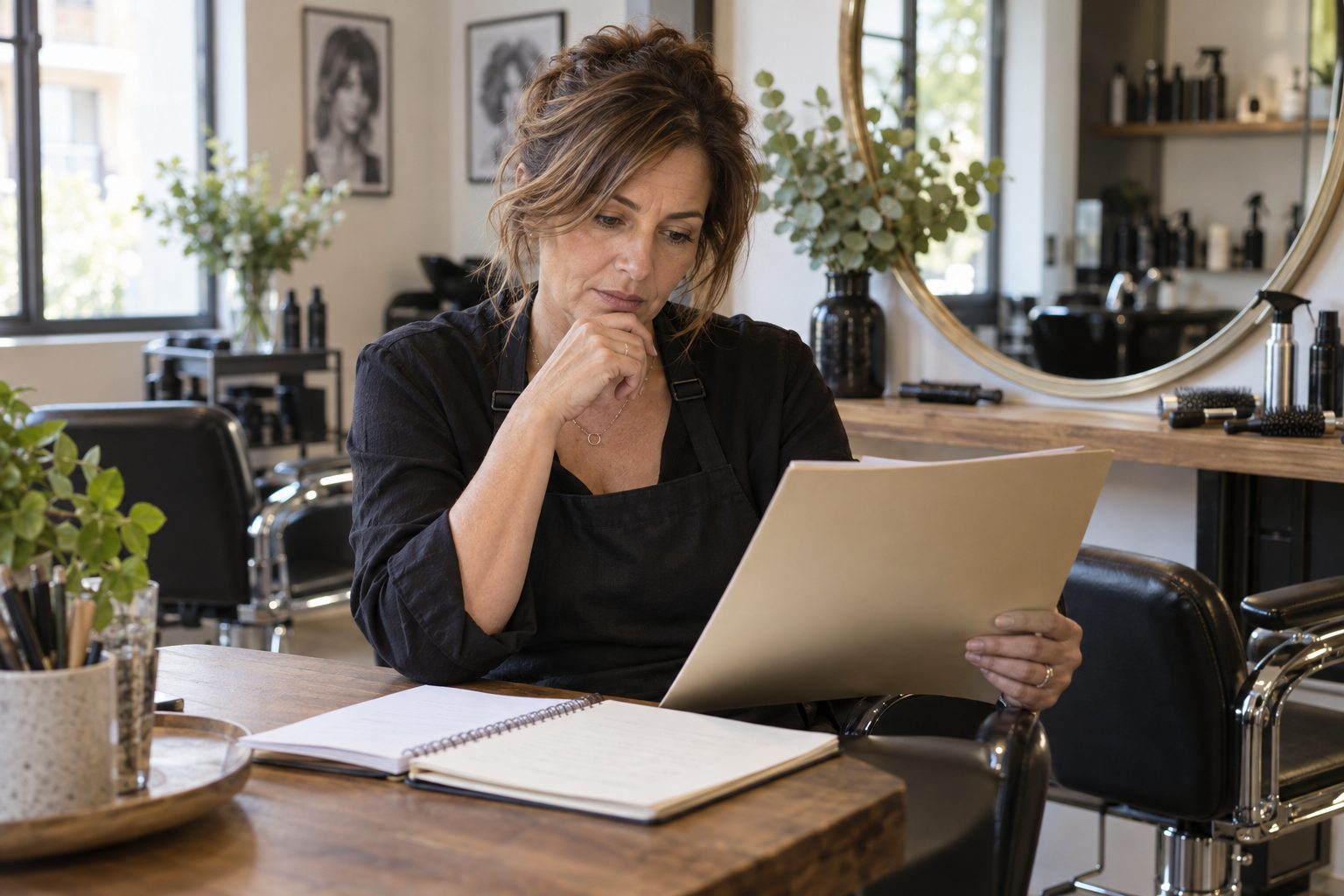 Une coiffeuse expérimentée relit ses notes pour préparer un dossier de validation des acquis.