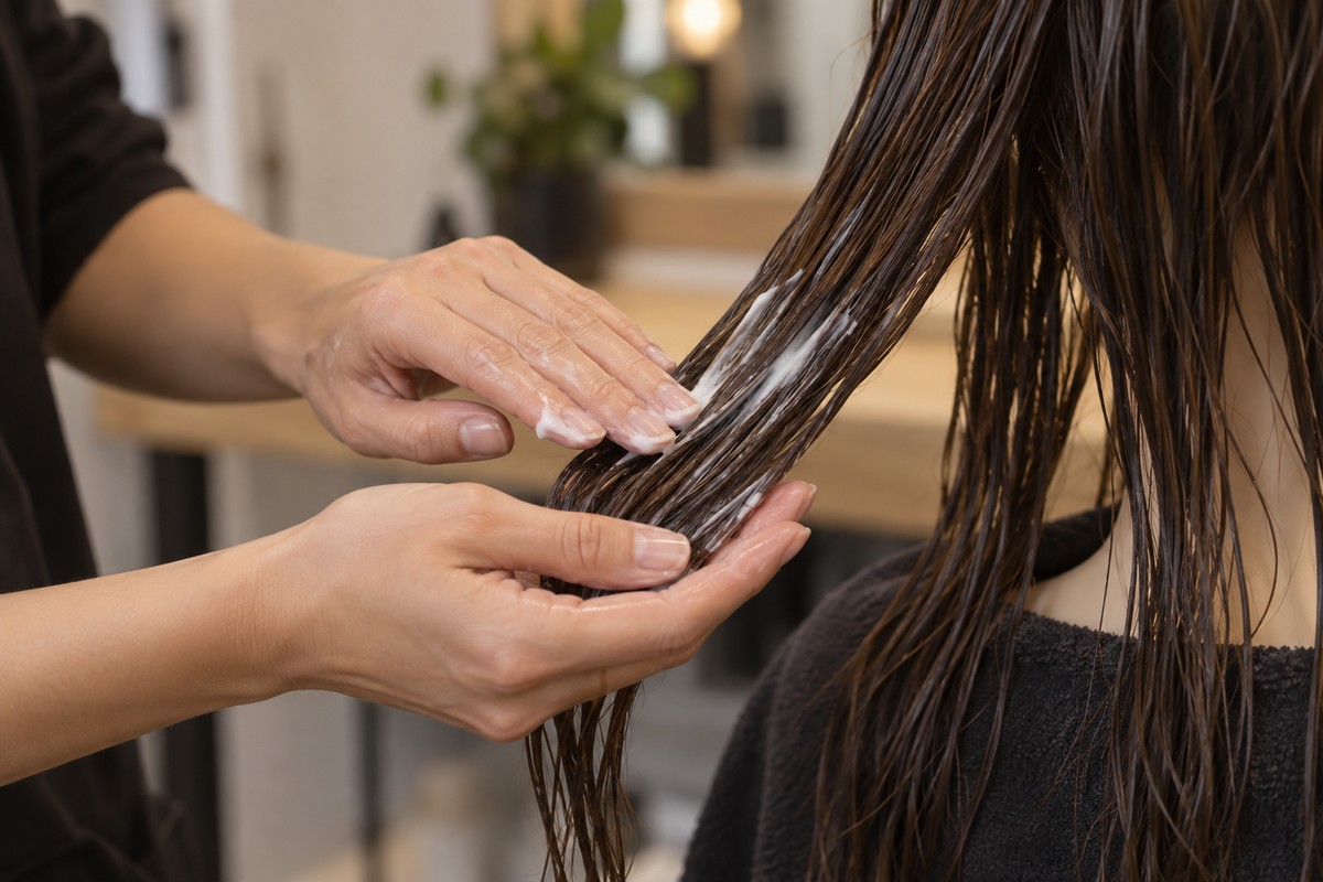Application d'une crème de coiffage avec les mains sur une mèche de cheveux bruns humides.