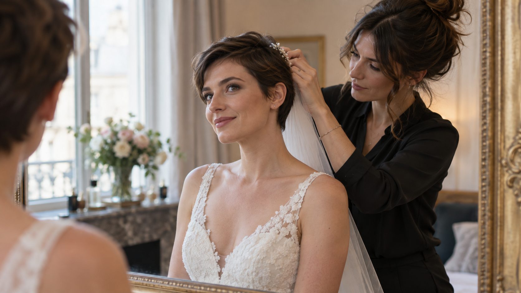 Mariée adulte aux cheveux courts portant un voile léger fixé dans sa coiffure de mariage