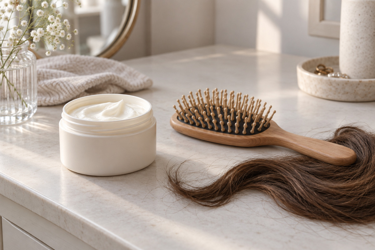 Pot de crème capillaire neutre, brosse en bois et mèche brune ondulée sur une coiffeuse claire.