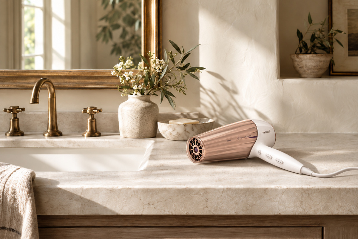 Visualisation éditoriale du sèche-cheveux Philips HP8280/00 blanc et rose cuivré, couché sur le flanc sur un plan de toilette.