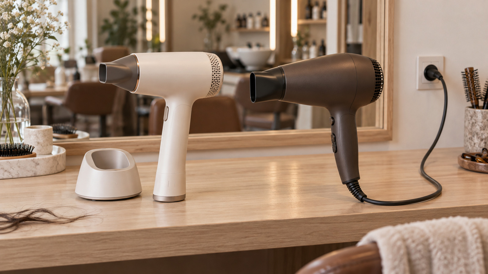 Deux sèche-cheveux génériques sur une coiffeuse en bois : un sans fil près de son socle et un filaire relié à une prise.